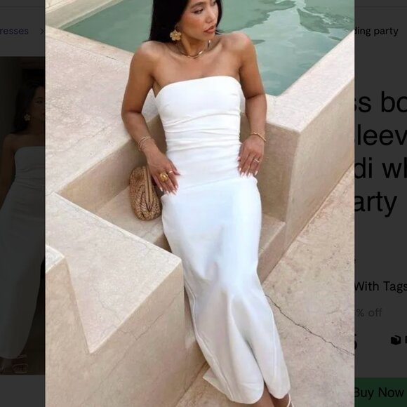 ZARA dress bodycon strapless sleeveless tailored midi white wedding party - Picture 3 of 8